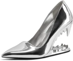 Women's Tiger Tooth Slip On High Heels Pointed Toe Mirror Patent Leather Comfort Pumps Shoes