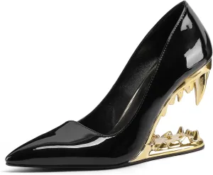 Women's Tiger Tooth Slip On High Heels Pointed Toe Mirror Patent Leather Comfort Pumps Shoes