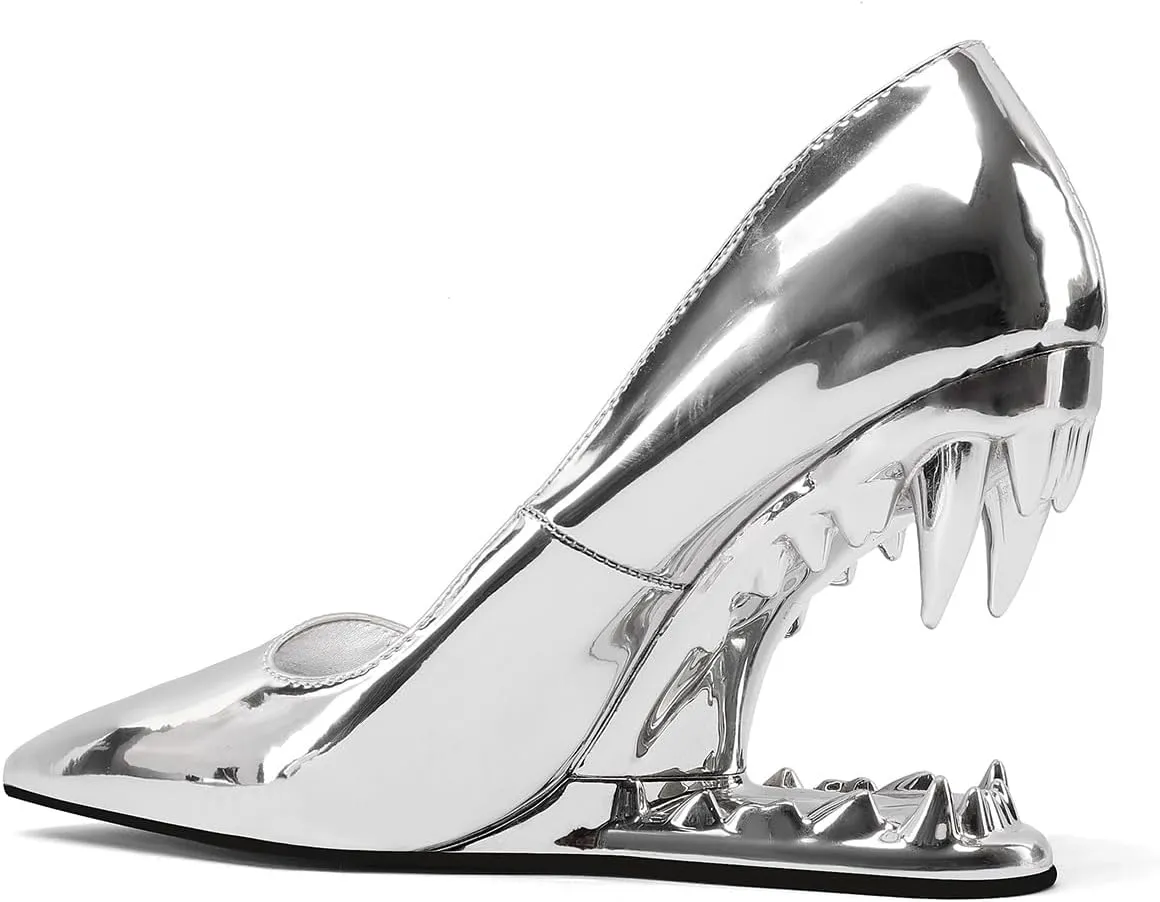Women's Tiger Tooth Slip On High Heels Pointed Toe Mirror Patent Leather Comfort Pumps Shoes