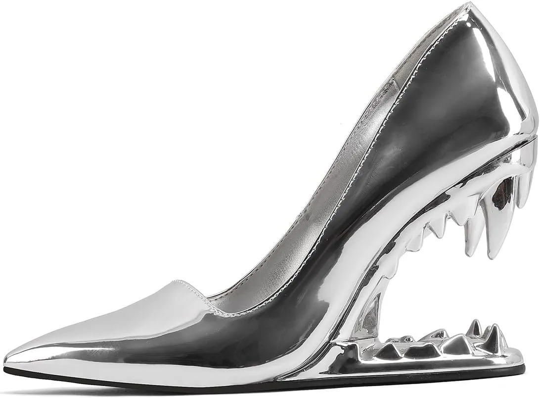 Women's Tiger Tooth Slip On High Heels Pointed Toe Mirror Patent Leather Comfort Pumps Shoes