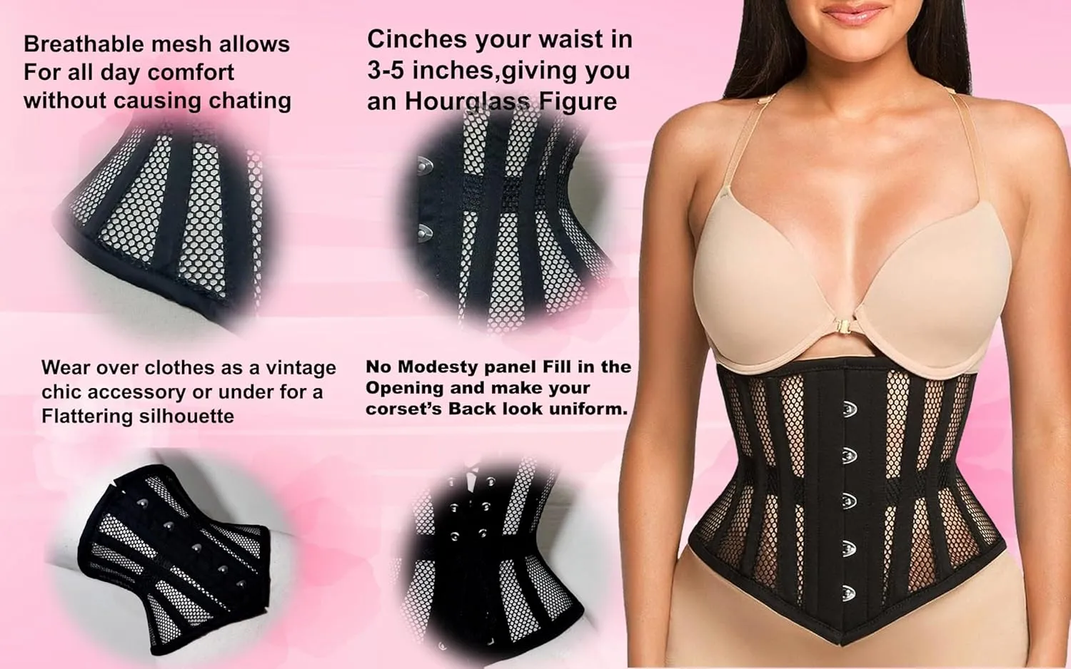 Women's Under bust Heavy Duty Steel Boned Waist Trainer Shaper Mesh Short Torso Corset