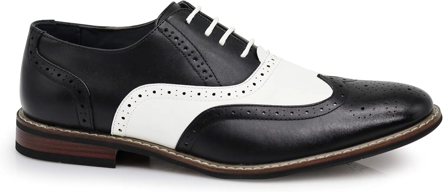 Wooden08N Men's Two Tone Wingtips Oxfords Perforated Lace Up Dress Shoes