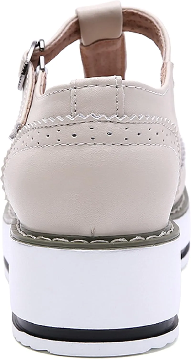 WUIWUIYU Womens Matte Leather Chunky Cleat Platfrom T-Strap Brogues Oxford Working Shoes