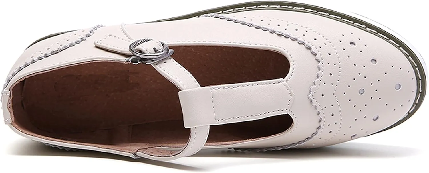 WUIWUIYU Womens Matte Leather Chunky Cleat Platfrom T-Strap Brogues Oxford Working Shoes