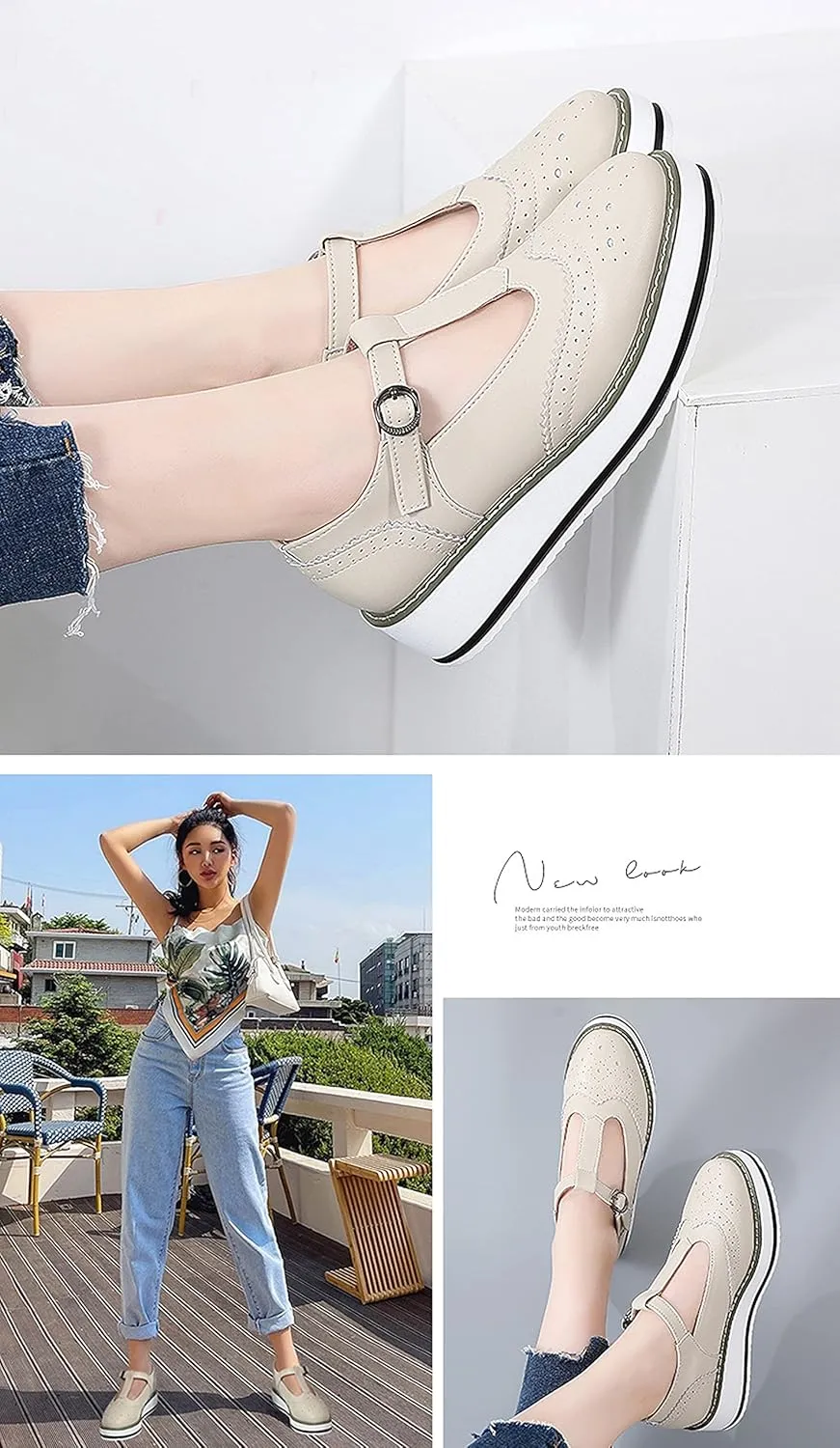WUIWUIYU Womens Matte Leather Chunky Cleat Platfrom T-Strap Brogues Oxford Working Shoes