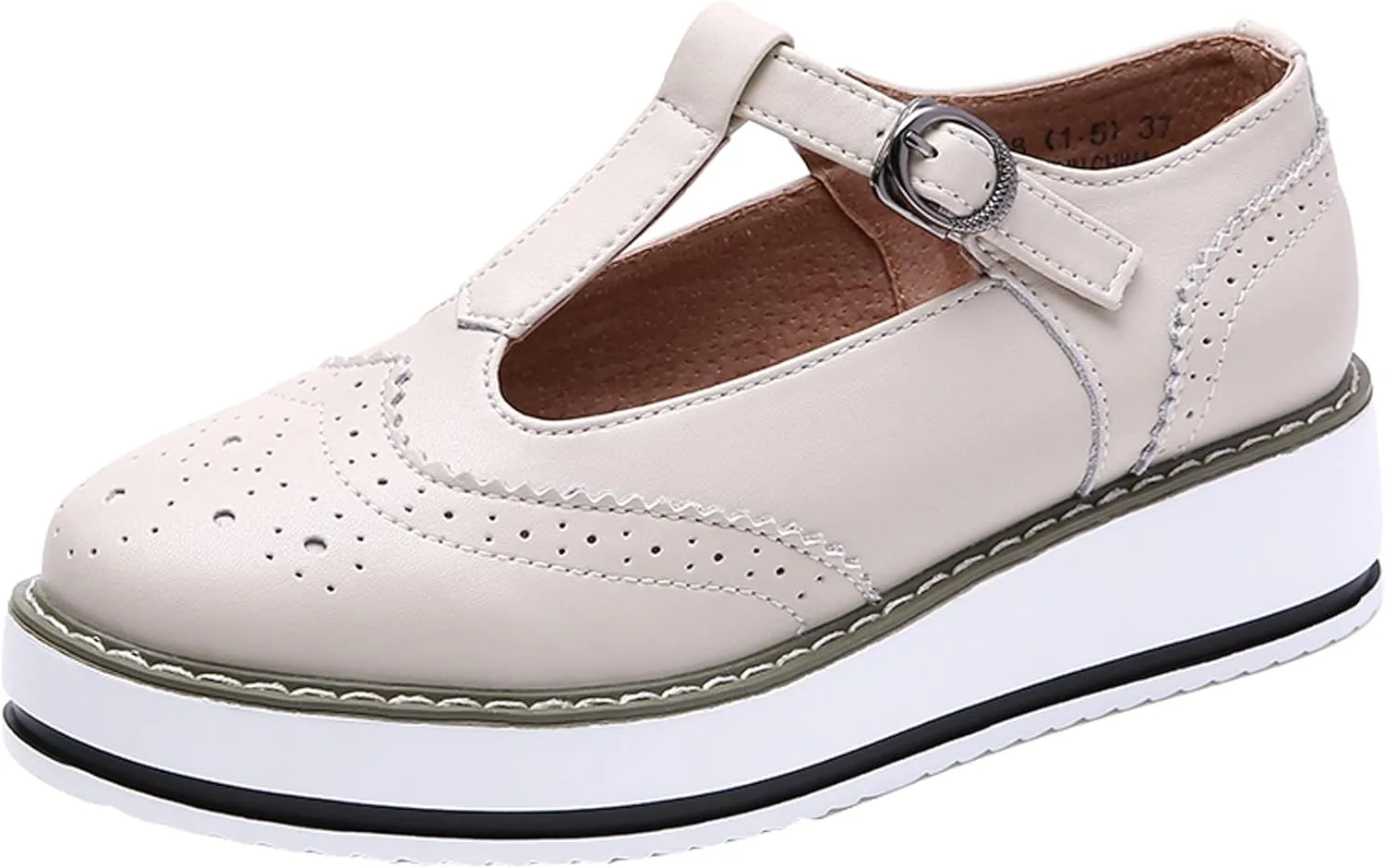 WUIWUIYU Womens Matte Leather Chunky Cleat Platfrom T-Strap Brogues Oxford Working Shoes