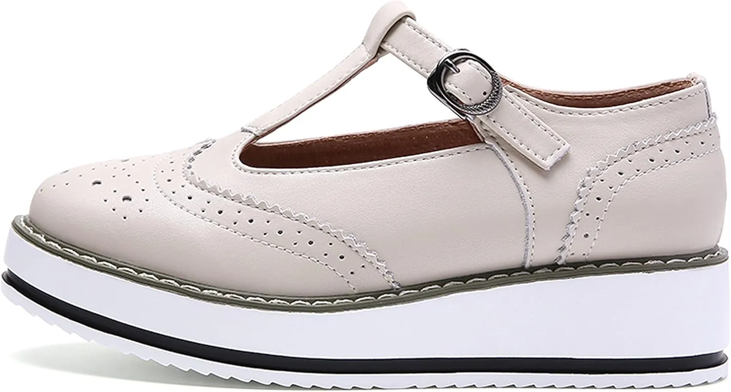 WUIWUIYU Womens Matte Leather Chunky Cleat Platfrom T-Strap Brogues Oxford Working Shoes