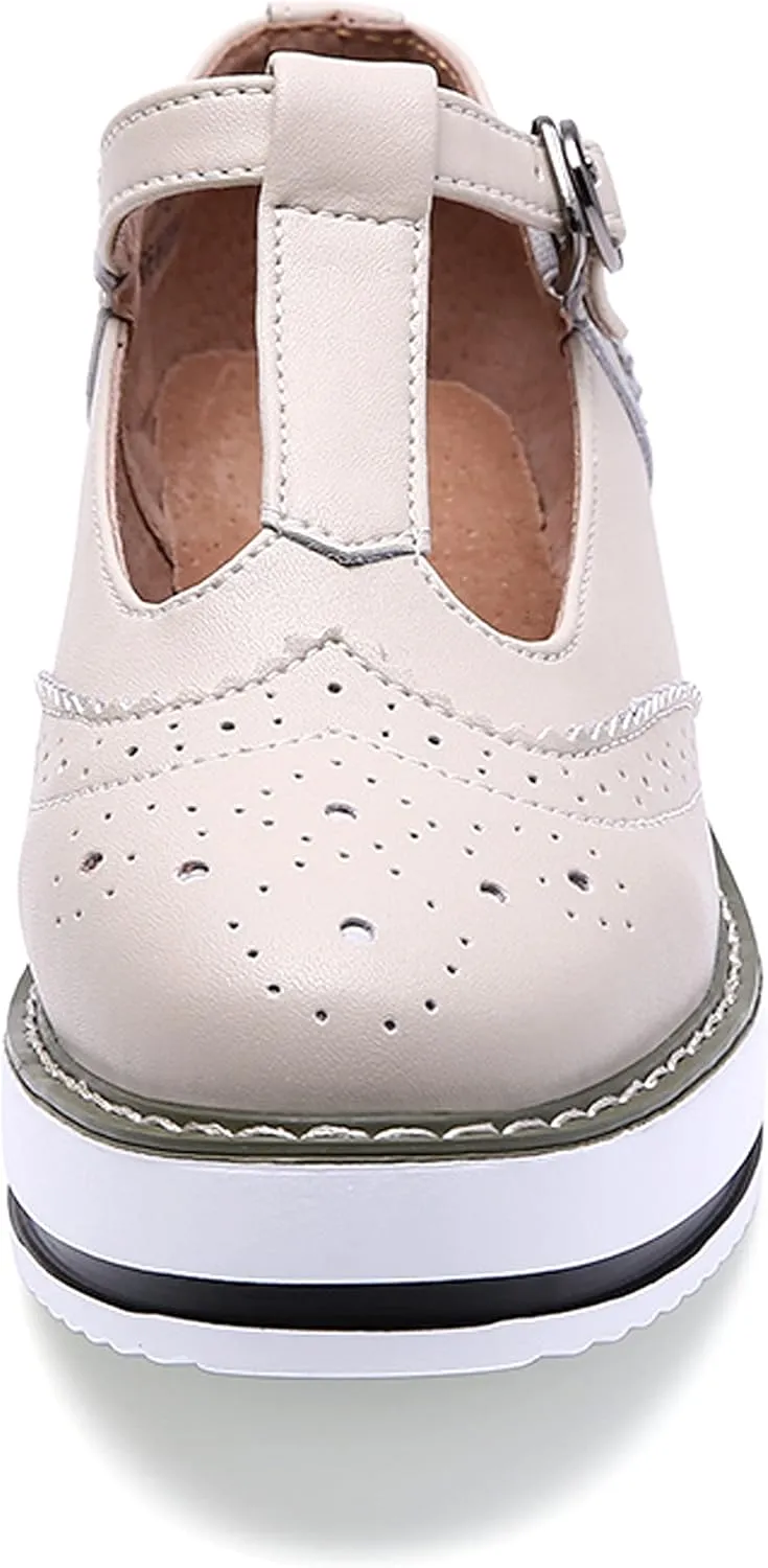 WUIWUIYU Womens Matte Leather Chunky Cleat Platfrom T-Strap Brogues Oxford Working Shoes