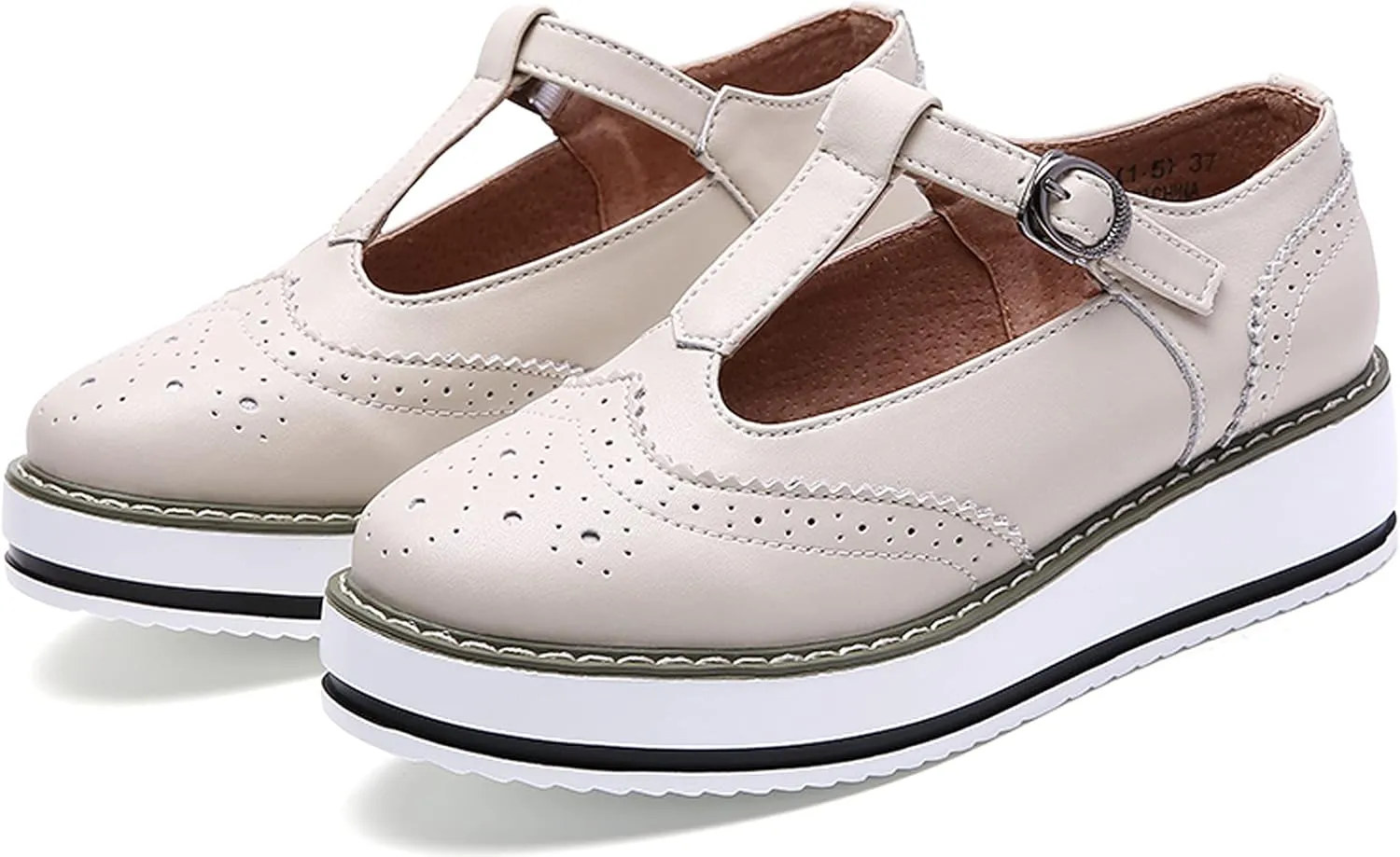 WUIWUIYU Womens Matte Leather Chunky Cleat Platfrom T-Strap Brogues Oxford Working Shoes