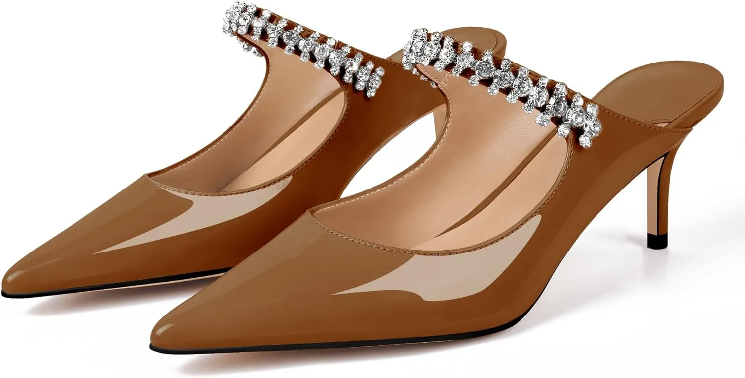 XINIUNIU Heeled Mules for Women Rhinestone Heels Pointed Toe Slip On 2.5 Inch Kitten Stiletto Closed Toe Sandals Dress Wedding Pump Shoes