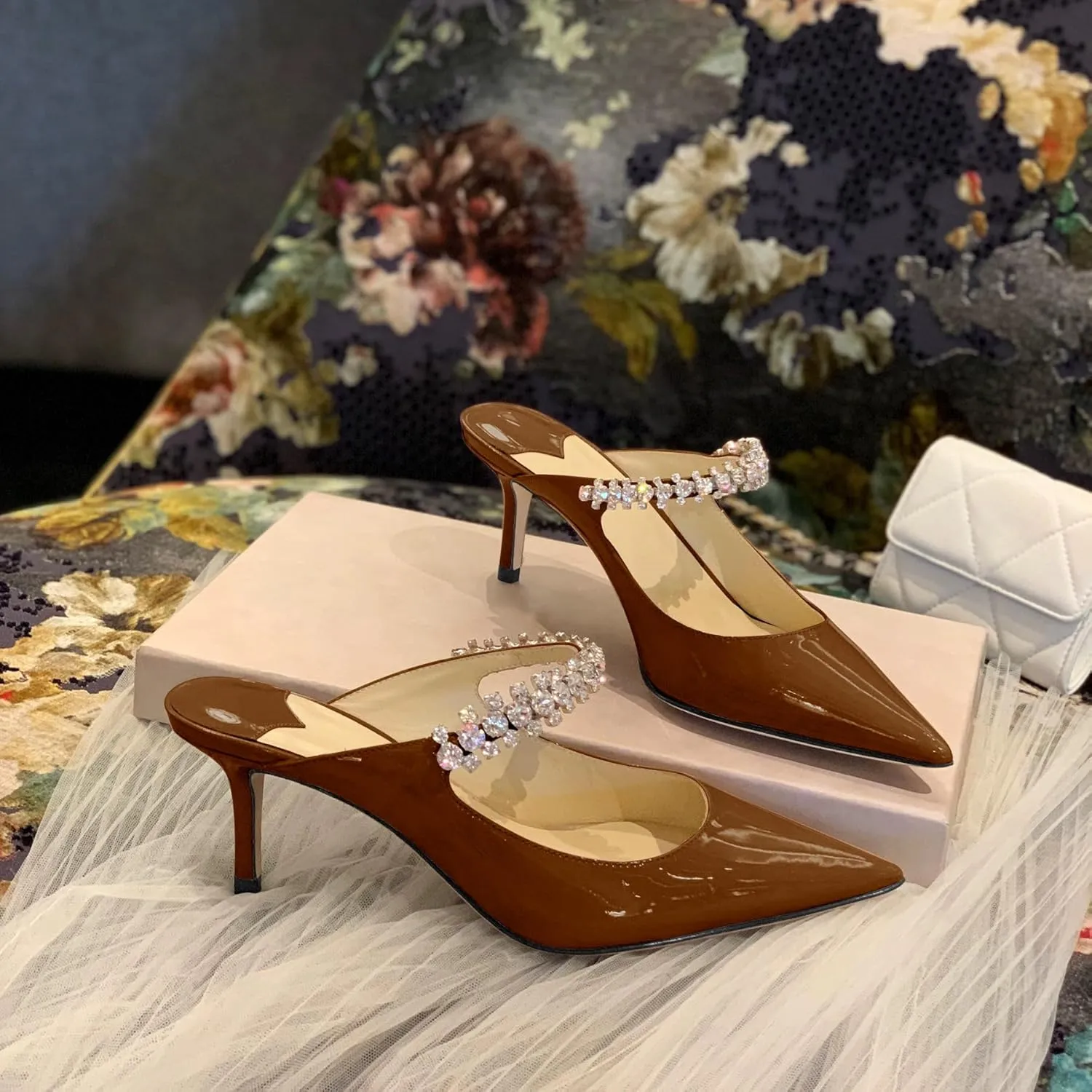 XINIUNIU Heeled Mules for Women Rhinestone Heels Pointed Toe Slip On 2.5 Inch Kitten Stiletto Closed Toe Sandals Dress Wedding Pump Shoes