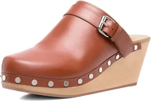 XYD Cork Mules Heels for Women Chic Studs Buckle Strap Fasten Closed Round Toe Slip On Wedge Slides Casual Event Dress Shoes