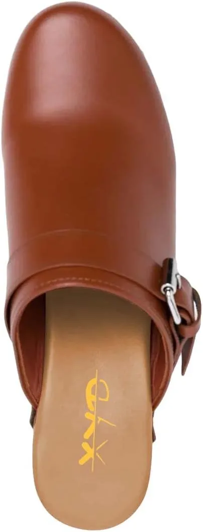 XYD Cork Mules Heels for Women Chic Studs Buckle Strap Fasten Closed Round Toe Slip On Wedge Slides Casual Event Dress Shoes