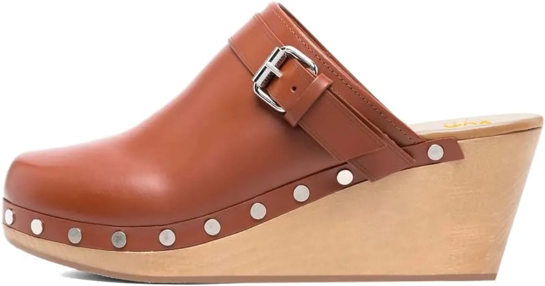XYD Cork Mules Heels for Women Chic Studs Buckle Strap Fasten Closed Round Toe Slip On Wedge Slides Casual Event Dress Shoes
