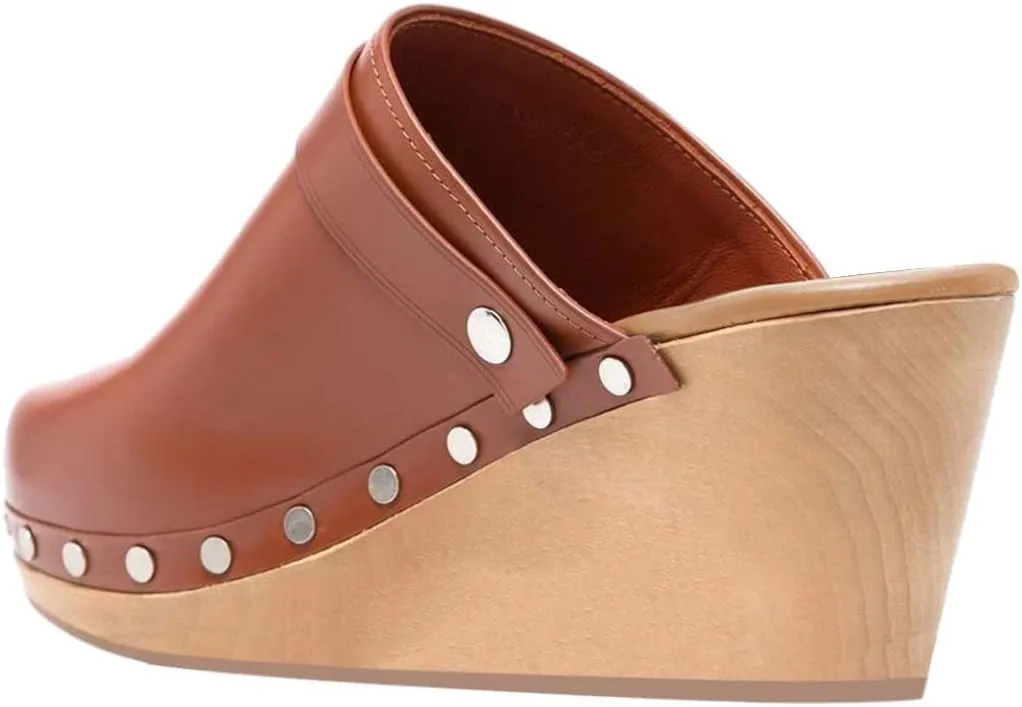XYD Cork Mules Heels for Women Chic Studs Buckle Strap Fasten Closed Round Toe Slip On Wedge Slides Casual Event Dress Shoes