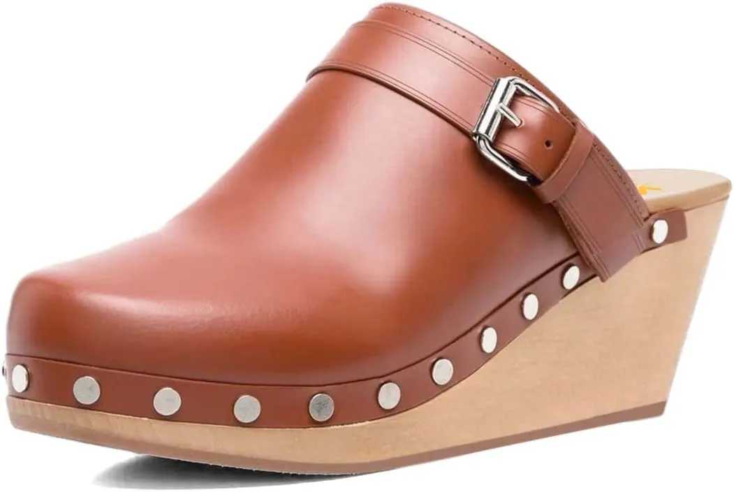 XYD Cork Mules Heels for Women Chic Studs Buckle Strap Fasten Closed Round Toe Slip On Wedge Slides Casual Event Dress Shoes