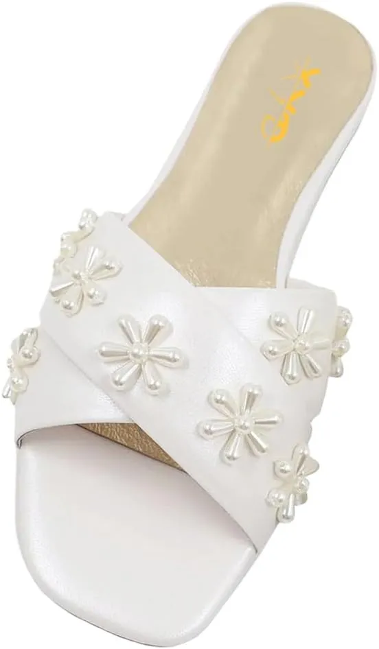 XYD Women Bloom Pearl Flower Flat Sandals for Bride Wedding Open Toe Mules Crossover Strap Dress Shoes
