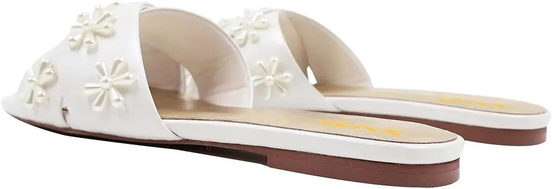 XYD Women Bloom Pearl Flower Flat Sandals for Bride Wedding Open Toe Mules Crossover Strap Dress Shoes