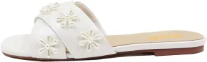 XYD Women Bloom Pearl Flower Flat Sandals for Bride Wedding Open Toe Mules Crossover Strap Dress Shoes