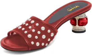XYD Women Elegant Mesh Pearl Slides Open Toe Slip On Sandals Crystal Low Heel Mules Resort Evening Shoes