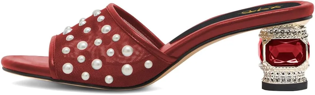 XYD Women Elegant Mesh Pearl Slides Open Toe Slip On Sandals Crystal Low Heel Mules Resort Evening Shoes