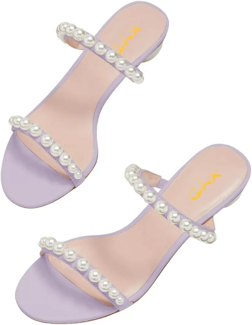 XYD Women Pearl Slide Sandals Spherical Low Heels Open Toe Beaded Two Straps Summer Casual Dress Slippers Shoes