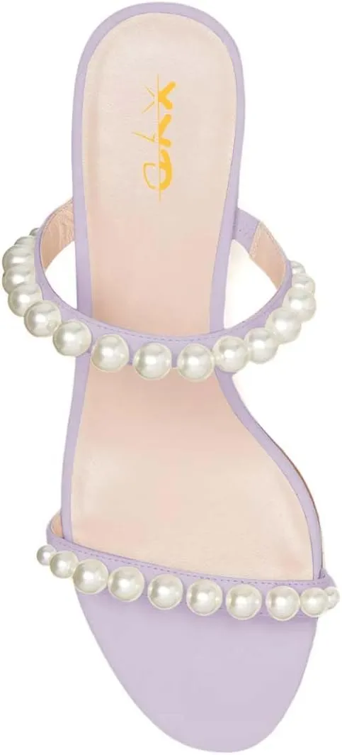 XYD Women Pearl Slide Sandals Spherical Low Heels Open Toe Beaded Two Straps Summer Casual Dress Slippers Shoes
