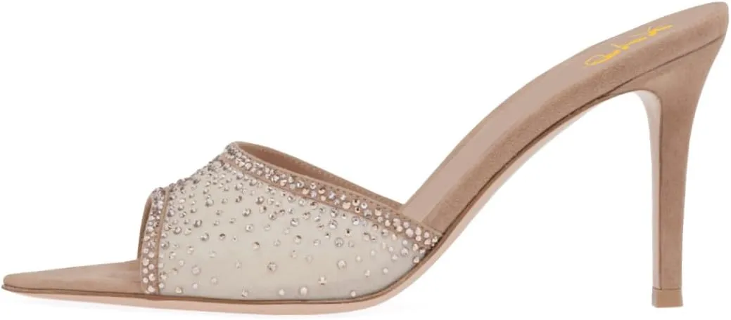 XYD Women Sexy Pointed Open Toe Rhinestones Crystal Slides Sandals High Heel Slip-on Summer Bridal Evening Mesh Shoes
