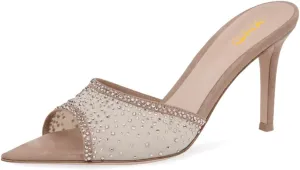 XYD Women Sexy Pointed Open Toe Rhinestones Crystal Slides Sandals High Heel Slip-on Summer Bridal Evening Mesh Shoes