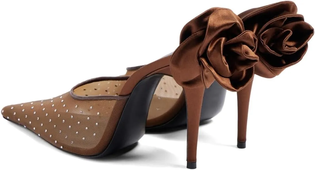 XYD Women Sexy Pointed Toe Mules with Crystals Sheer Mesh Stiletto Heel Sandals Rear Flower Evening Shoes