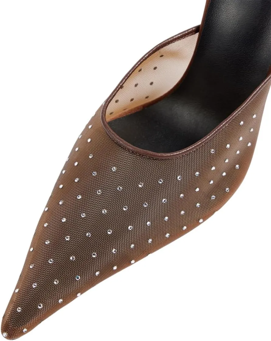 XYD Women Sexy Pointed Toe Mules with Crystals Sheer Mesh Stiletto Heel Sandals Rear Flower Evening Shoes