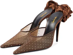XYD Women Sexy Pointed Toe Mules with Crystals Sheer Mesh Stiletto Heel Sandals Rear Flower Evening Shoes