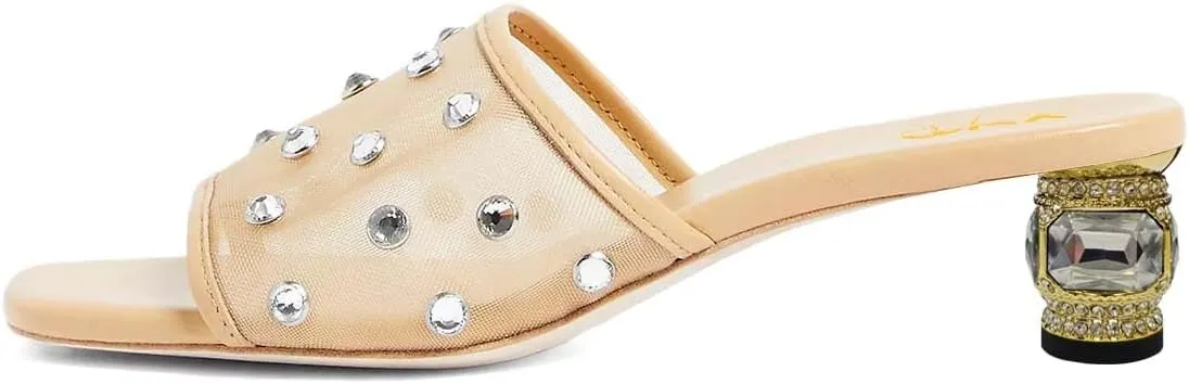 XYD Women Stylish Mesh Crystals Studded Mules Square Open Toe Slip On Chunky Low Heel Slides Resort Party Shoes