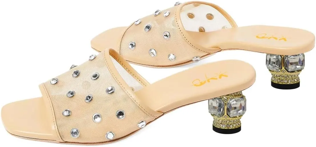 XYD Women Stylish Mesh Crystals Studded Mules Square Open Toe Slip On Chunky Low Heel Slides Resort Party Shoes