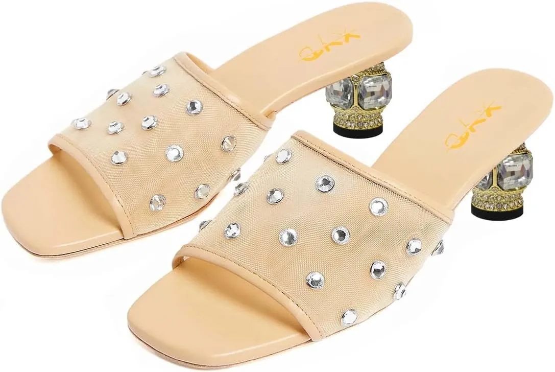 XYD Women Stylish Mesh Crystals Studded Mules Square Open Toe Slip On Chunky Low Heel Slides Resort Party Shoes