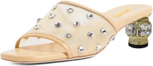 XYD Women Stylish Mesh Crystals Studded Mules Square Open Toe Slip On Chunky Low Heel Slides Resort Party Shoes