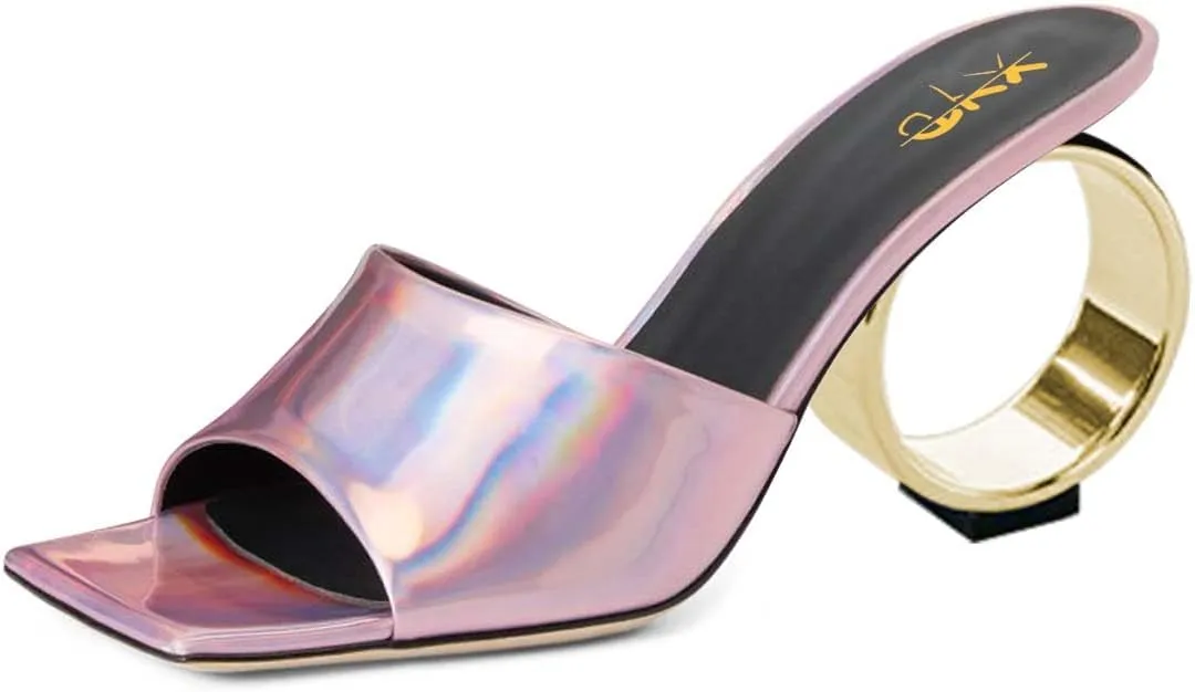 XYD Women Summer Chic Open Square Toe Slide Sandals Round Circle High Heels Slip On Mules Shoes for Event Party Beach Wedding