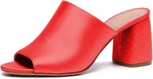 XYD Women Trendy Peep Toe Mid Block Heel Mule Slides Slip On Daily Walking Dress Sandal Slippers