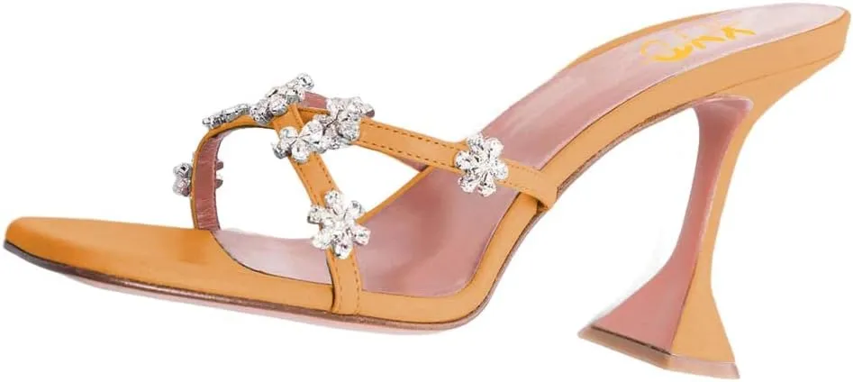 XYD Women's Flare High Heel Slides Sandals with Flower Rhinestones Open Square Toe Crossover Strap Dress Outdoor Wedding Mule Shoes