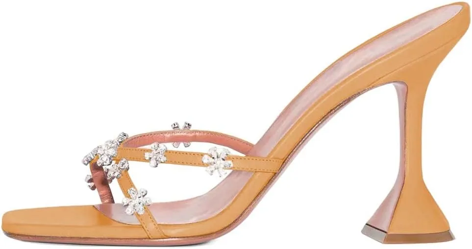 XYD Women's Flare High Heel Slides Sandals with Flower Rhinestones Open Square Toe Crossover Strap Dress Outdoor Wedding Mule Shoes