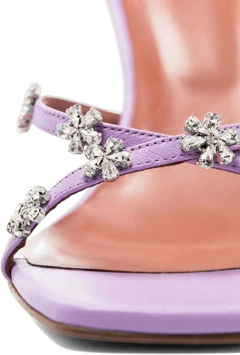 XYD Women's Flare High Heel Slides Sandals with Flower Rhinestones Open Square Toe Crossover Strap Dress Outdoor Wedding Mule Shoes