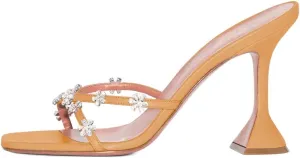 XYD Women's Flare High Heel Slides Sandals with Flower Rhinestones Open Square Toe Crossover Strap Dress Outdoor Wedding Mule Shoes