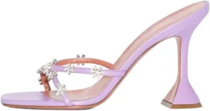 XYD Women's Flare High Heel Slides Sandals with Flower Rhinestones Open Square Toe Crossover Strap Dress Outdoor Wedding Mule Shoes