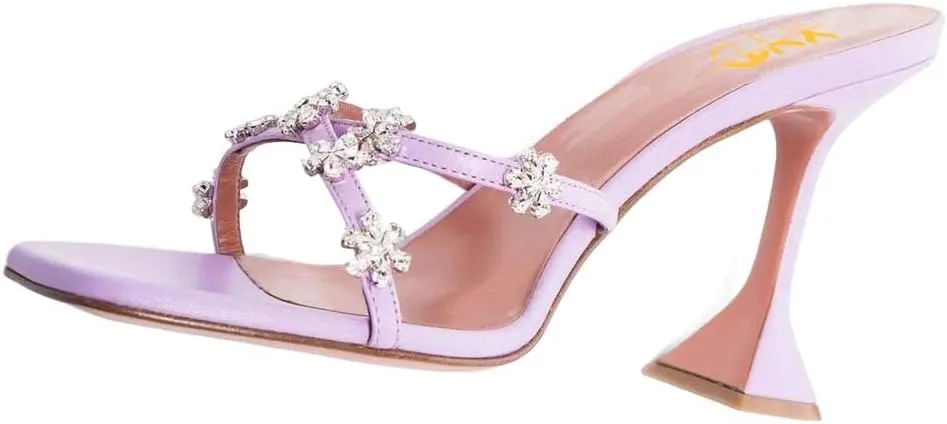 XYD Women's Flare High Heel Slides Sandals with Flower Rhinestones Open Square Toe Crossover Strap Dress Outdoor Wedding Mule Shoes