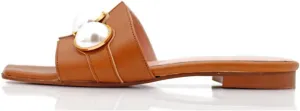 XYD Womens Square Open Toe Flat Beach Sandals Slip On Mule Slides Glossy Pearls Embellished Slipper Fashion Summer Dressy Shoes