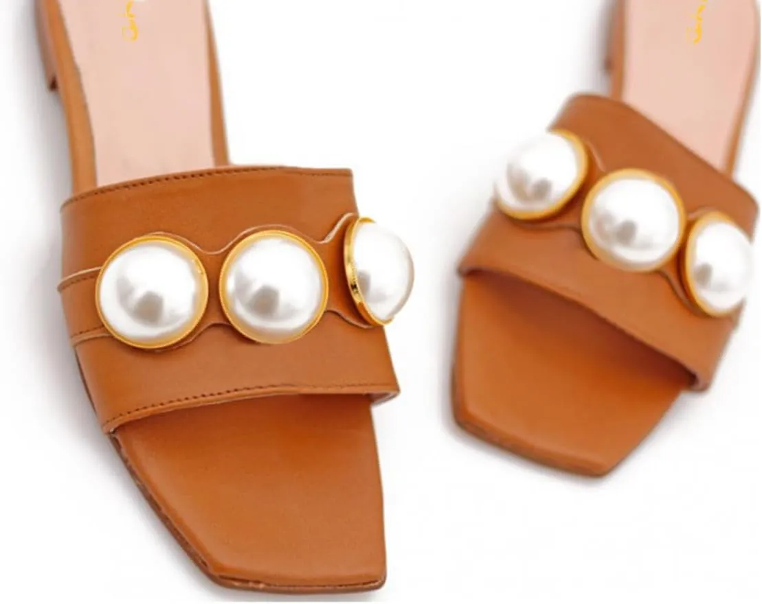 XYD Womens Square Open Toe Flat Beach Sandals Slip On Mule Slides Glossy Pearls Embellished Slipper Fashion Summer Dressy Shoes
