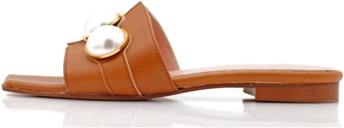 XYD Womens Square Open Toe Flat Beach Sandals Slip On Mule Slides Glossy Pearls Embellished Slipper Fashion Summer Dressy Shoes