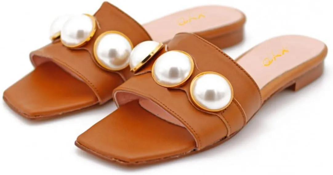 XYD Womens Square Open Toe Flat Beach Sandals Slip On Mule Slides Glossy Pearls Embellished Slipper Fashion Summer Dressy Shoes