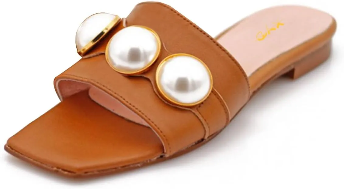 XYD Womens Square Open Toe Flat Beach Sandals Slip On Mule Slides Glossy Pearls Embellished Slipper Fashion Summer Dressy Shoes