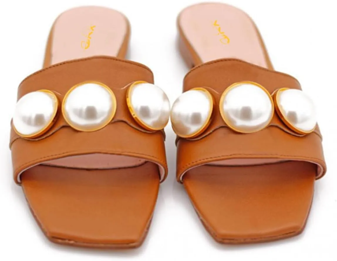 XYD Womens Square Open Toe Flat Beach Sandals Slip On Mule Slides Glossy Pearls Embellished Slipper Fashion Summer Dressy Shoes